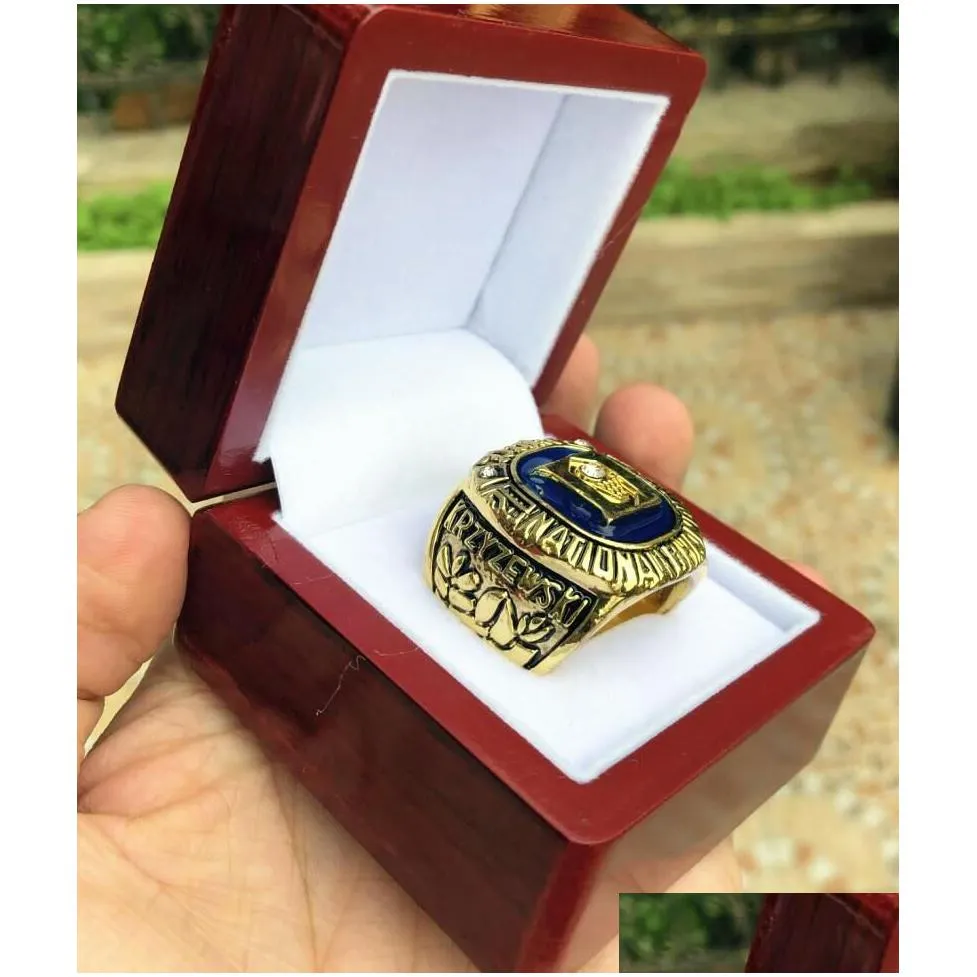 With Side Stones  Blue 2001 Devils National Team Championship Ring With Wooden Box Men Fan Souvenir Gift Wholesale Drop Drop Deliv Dha1Y