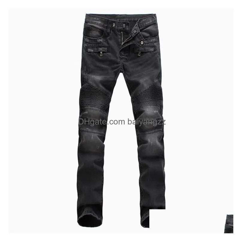 fashion mens foreign trade light blue black jeans pants motorcycle biker men washing to do the old fold men trousers casual runway