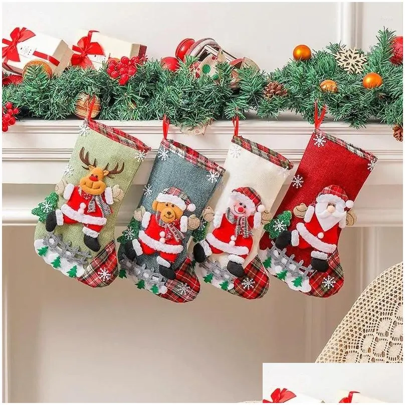 Christmas Decorations Linen Large Stocking Fence Gift Bag Ornaments Tree Hanging Goodie