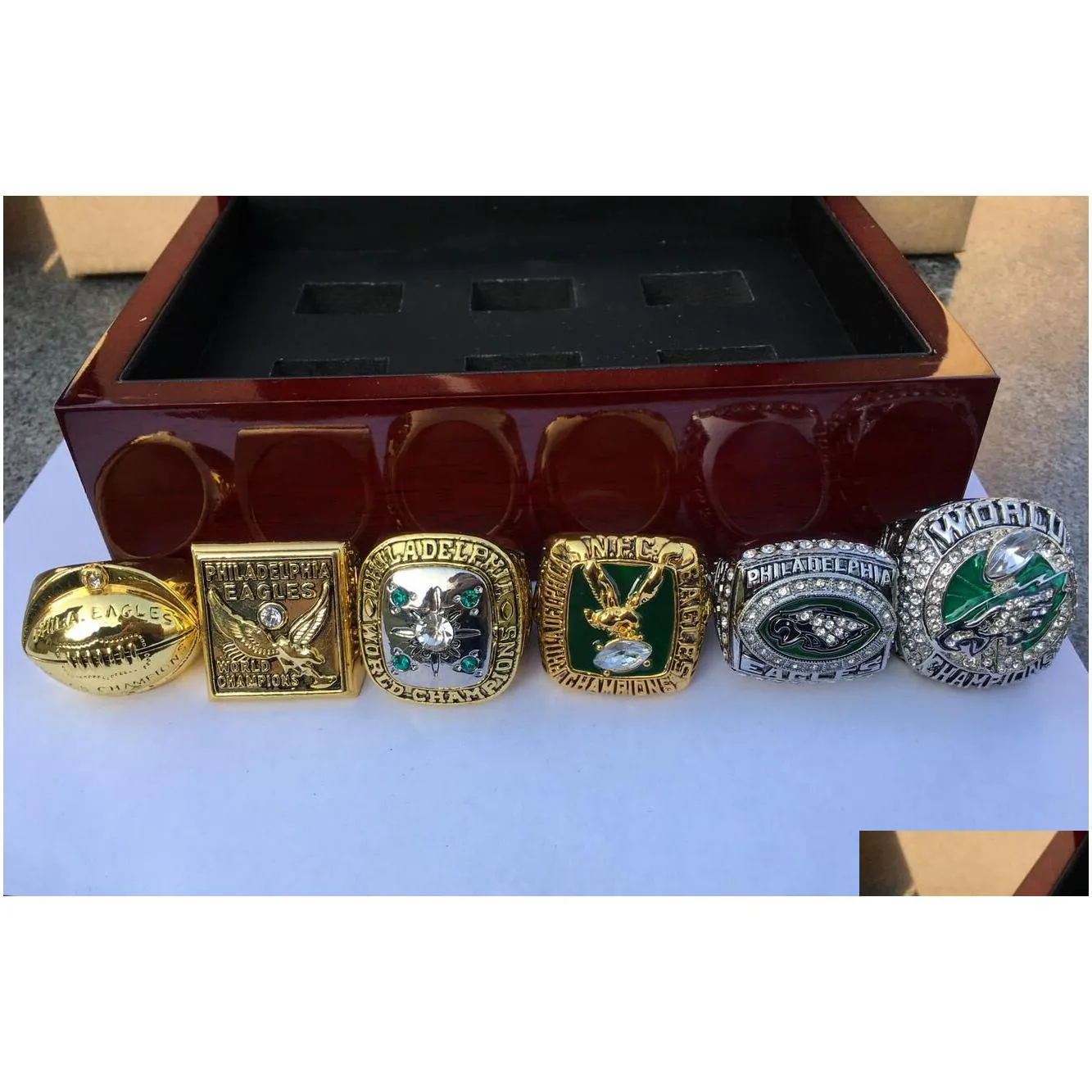 Cluster Rings Philadelphia 6Pcs  American Football Team Champions Championship Ring Set With Wooden Box Souvenir Men Fan Gift Dro Dhmbf
