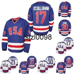 Sj98 Mens 1980 USA Miracle On Ice Hockey Jersey #17 Jack O`Callahan #21 Mike Eruzione #30 Jim Craig 100% Stitched Team USA Hockey Jerseys Blue