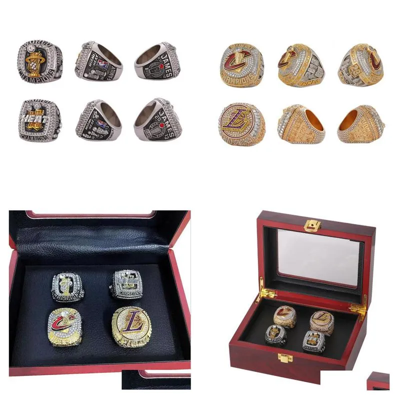 Solitaire Ring 4Pcs James Basketball Team Champions Championship Ring Set With Wooden Box Souvenir Men Women Boy Fan Brithday Gift 202 Dh2P8