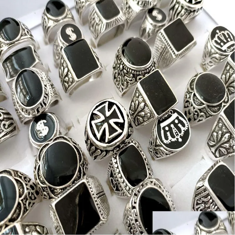 wholesale 50pcs design mix enamel silver rings for men vintage man ring retro punk alloy jewelry party favor