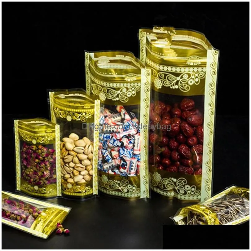 stand up gold print with clear window plastic packaging bags self seal zipper seal food storage packing pouches party bag lx4667