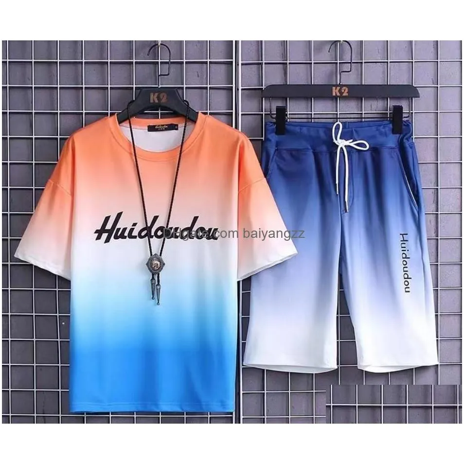 tie dye 4-color summer suit ultra-thin mens sports ice silk quick drying short-sleeved shorts with gradual color change m-2xl/3xl/4xl