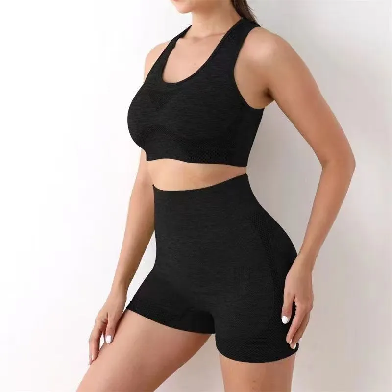 Yoga suit women's fitness suit seamless rib hollow zipper navel vest shorts elastic leggings yoga suit gym