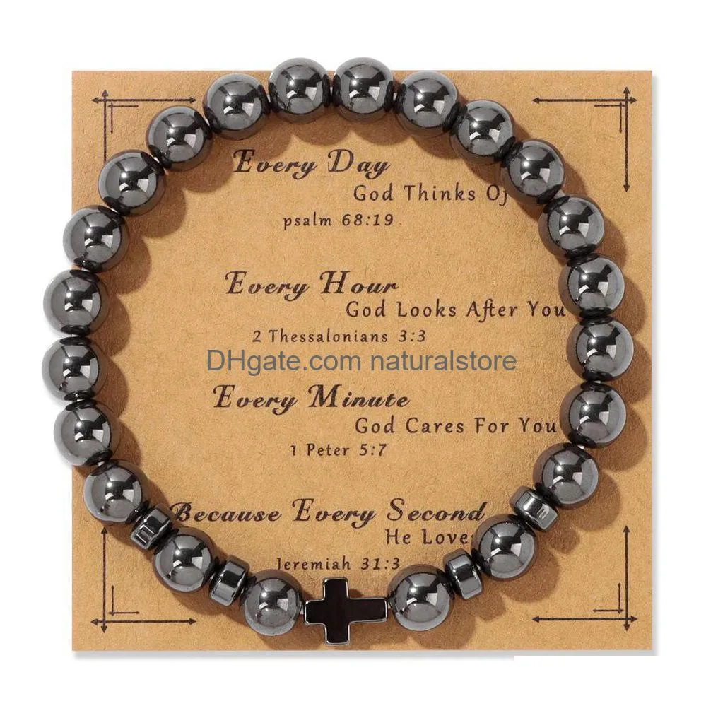 Beaded Matted Black Lava Hematite Cross Bracelet Mes Card Kraft Paper Jewelry Nce Beads Reiki Buddha Prayer Stone Yoga For Drop Delive Dhklx