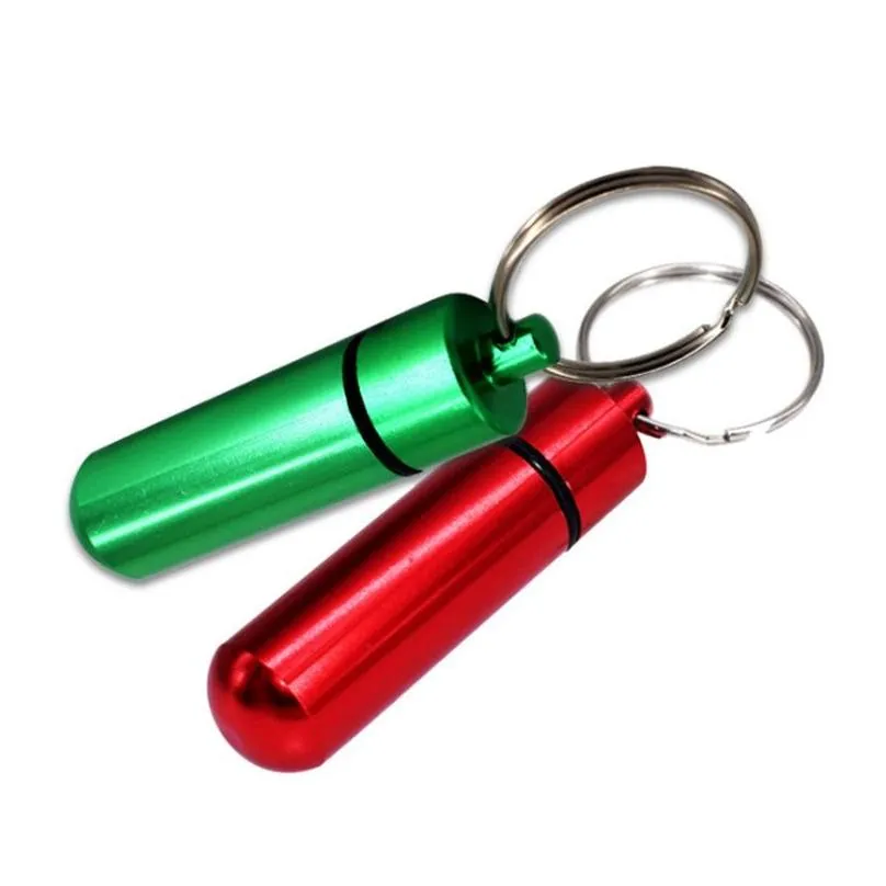 wholesale 48*14mm Metal container keychain aluminum pill box holder Multifunction First Aid Key Chain Aluminum Bottles Keyring Seal