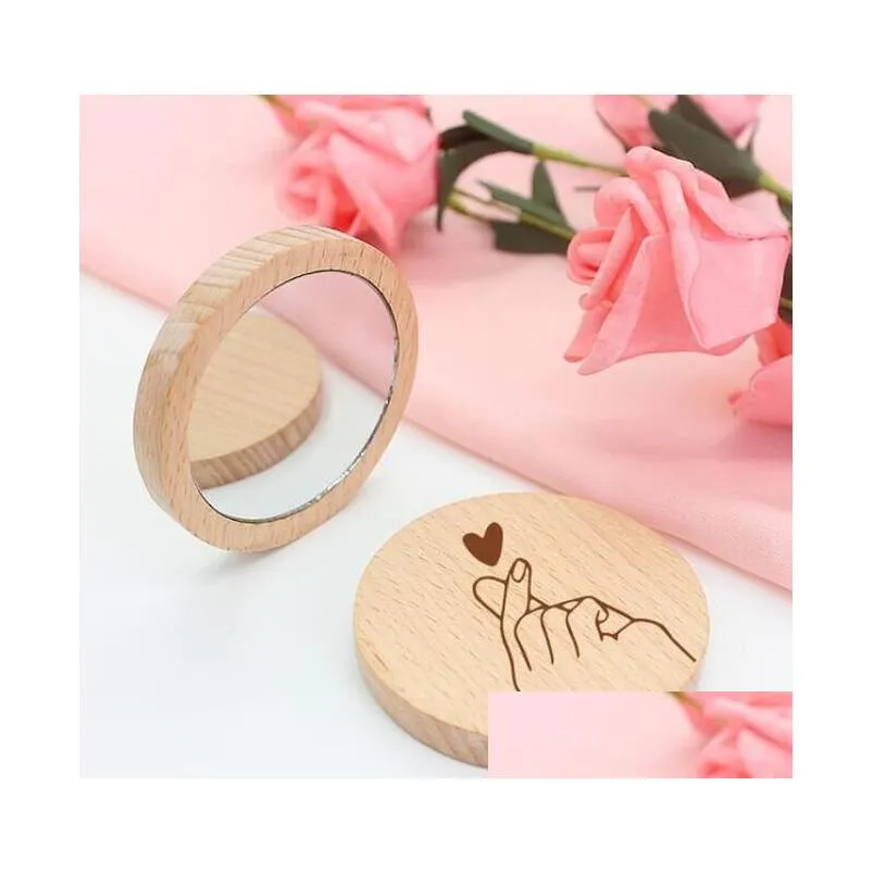 Wood Small Round Mirror Portable Pocket Mirror Wooden Mini Makeup Mirror Wedding Party Favor Gift Custom Logo