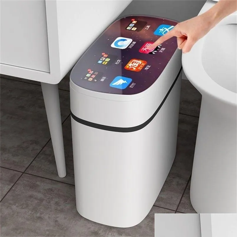 smart sensor automatic electronic garbage can dwaterproof bathroom toilet water narrow seam trash basurero 211229