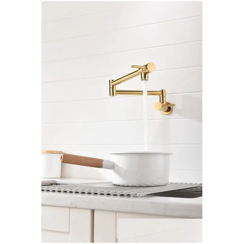 Free ship Wall Mounted Classic Traditional Solid Brass Pot Filler kitchen faucet tap , Double Joint Spout, gold pvd single cold water