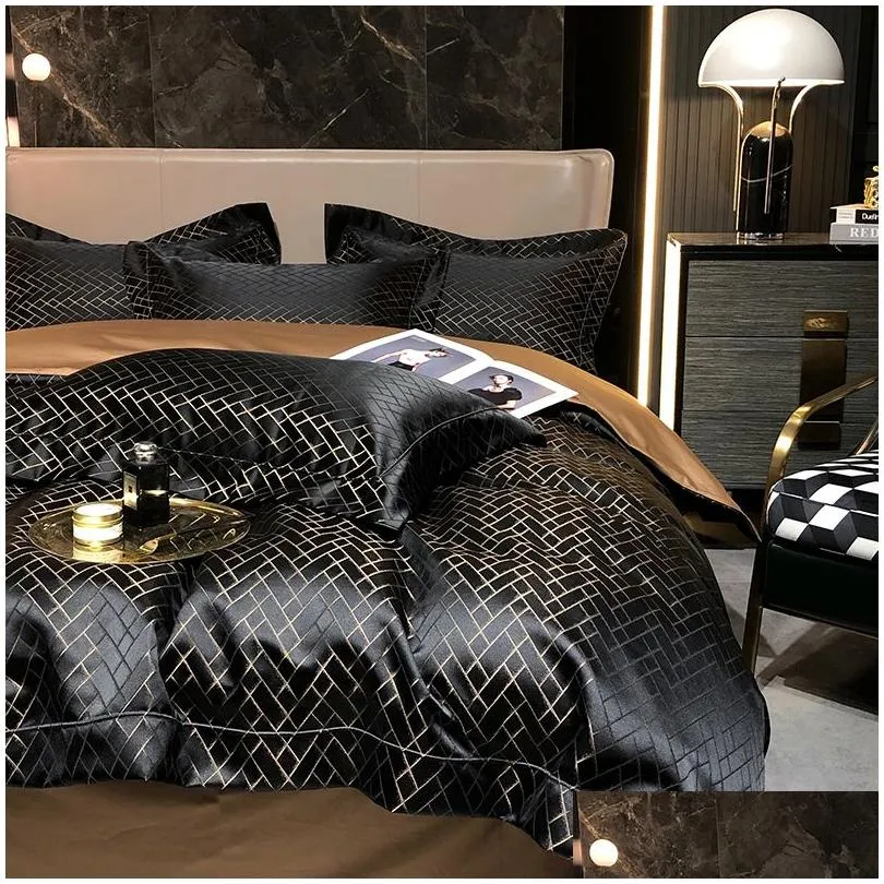 bedding sets luxury black gold yarndyed jacquard egyptian cotton bedding set satin smooth duvet cover flatfitted sheet pillowcases 4pcs