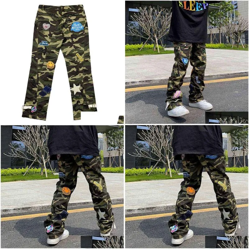 high street camouflage jeans mens embroidered mens streetwear fashion brand american hip hop straight casual cargo pants h1223