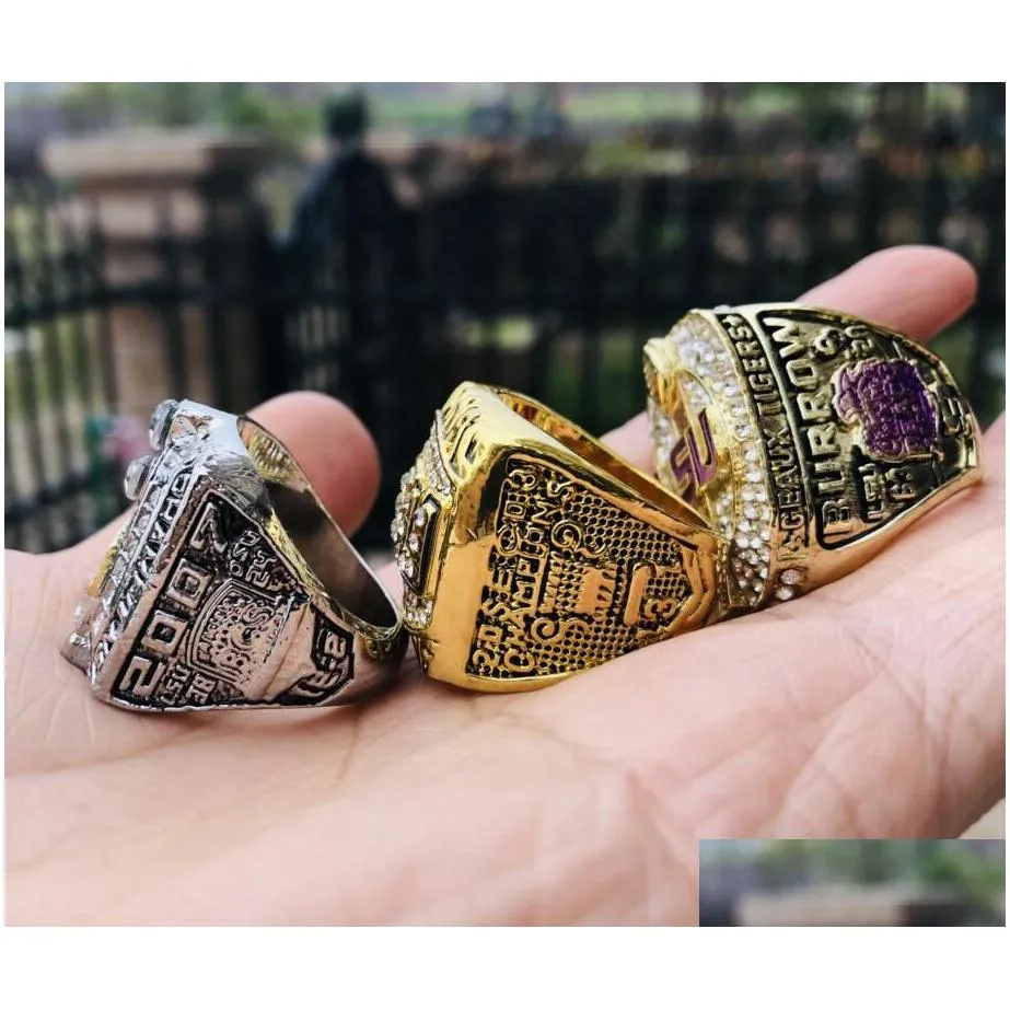 Cluster Rings Lsu 3Pcs 2003 2007 Tigers Nationals Team Champions Championship Ring With Wooden Box Souvenir Men Fan Gift Wholesal Drop Dhg2Z