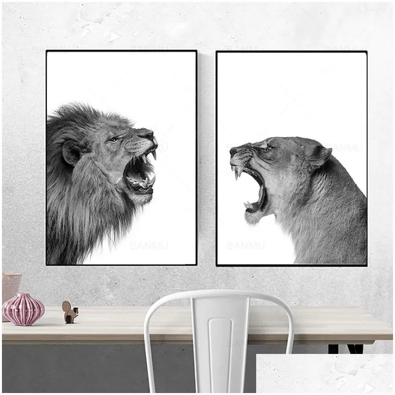 Paintings 2 Pieces Canvas Painting  And Lioness Poster Animal Wall Art Print Picture Black White Woodlands For Living Room Home De Dhifi