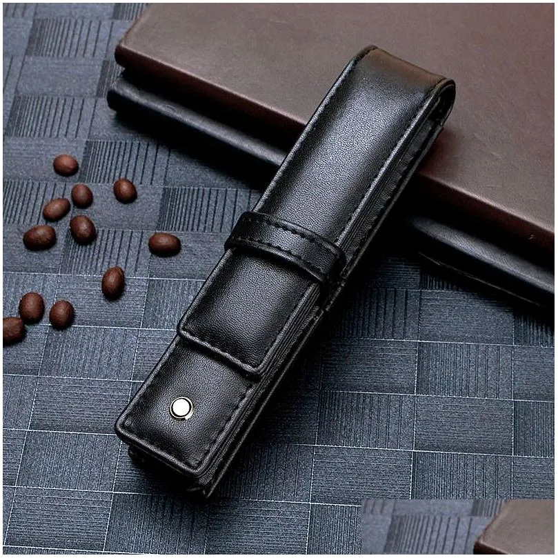 high quality black leather pen bag office stationery fashion pencil case for single pen