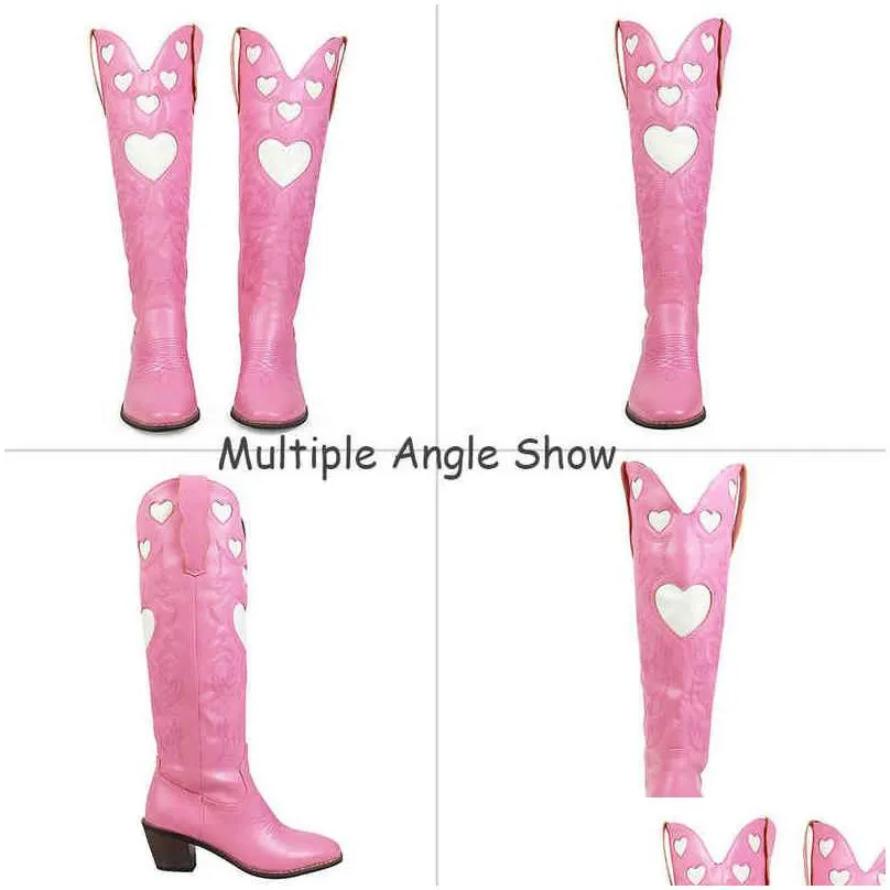 boots brand fashion colorful love heart colorful ridding western boots for women cowgirl  chunky heel women mid calf boots