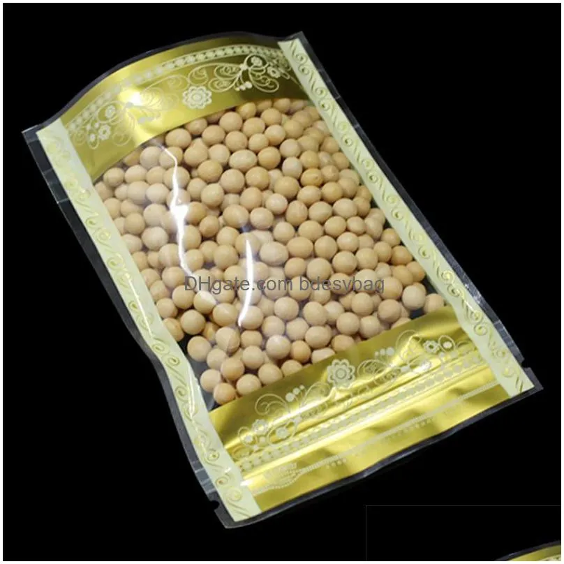 stand up gold print with clear window plastic packaging bags self seal zipper seal food storage packing pouches party bag lx4667