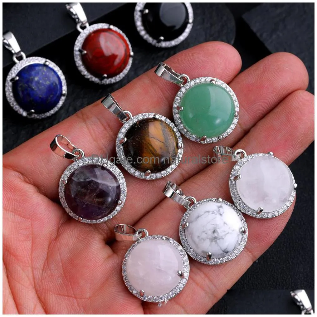 Charms Round Zircon Natural Stone Pendant For Women Rose Quartz Amethyst Tiger Eye Charms Jewelry Making Necklaces Wholesale Drop Deli Dhjtv