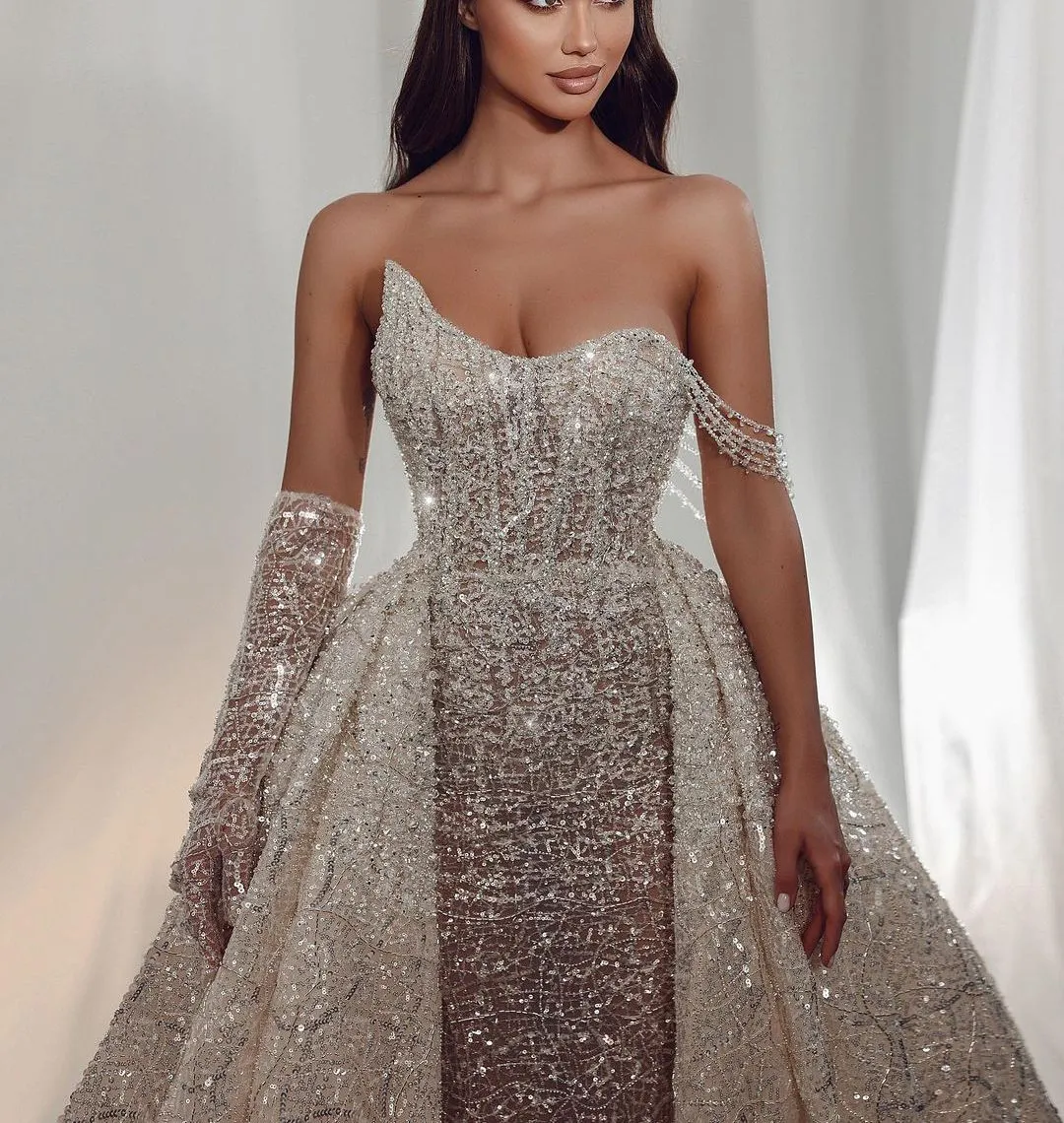 Luxury Mermaid Prom Dresses One Long Sleeve V Neck Strapless Appliques Sequins Beaded Floor Length Detachable Train Evening Dress Bridal Gowns Plus Size Custom Made