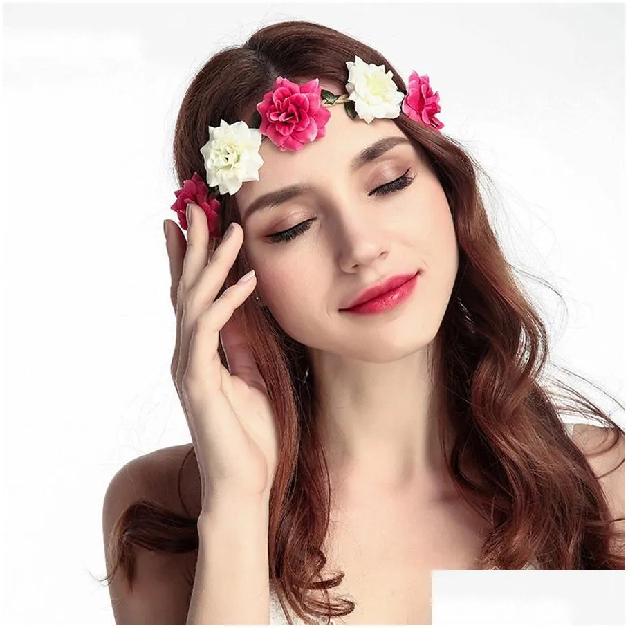 wholesale women rose headband wreath hair bows headband handmade artificial seaside flower elastic headband wedding wreath dh1087