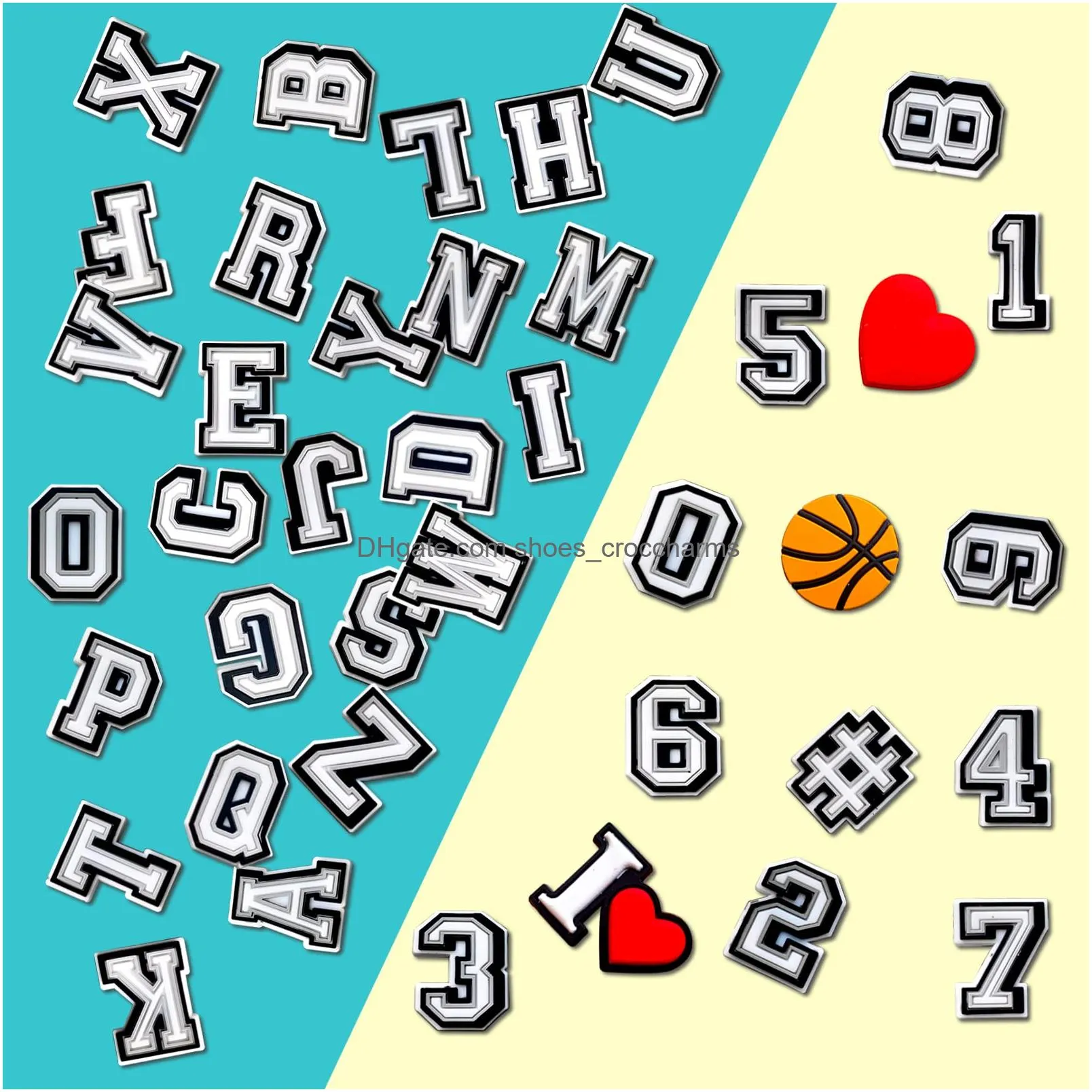 letter charms for  clog sandals shoe decoration 09 number alphabet abcz characters love heart basketball designer shoes accessories pins for boys girls kids teens men women and adults party favor birthday gift pvc