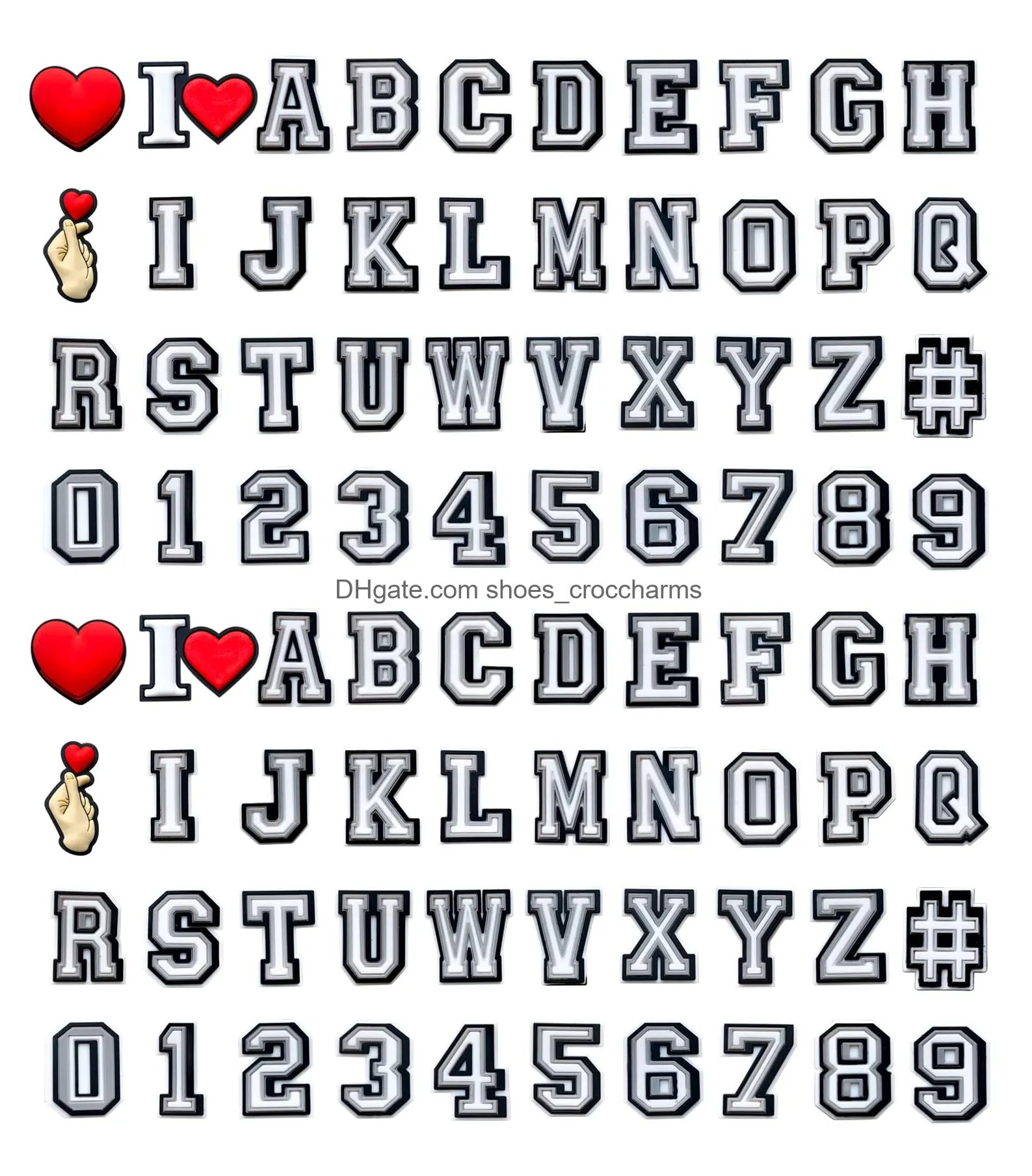 letter charms for  clog sandals shoe decoration 09 number alphabet abcz characters love heart basketball designer shoes accessories pins for boys girls kids teens men women and adults party favor birthday gift pvc