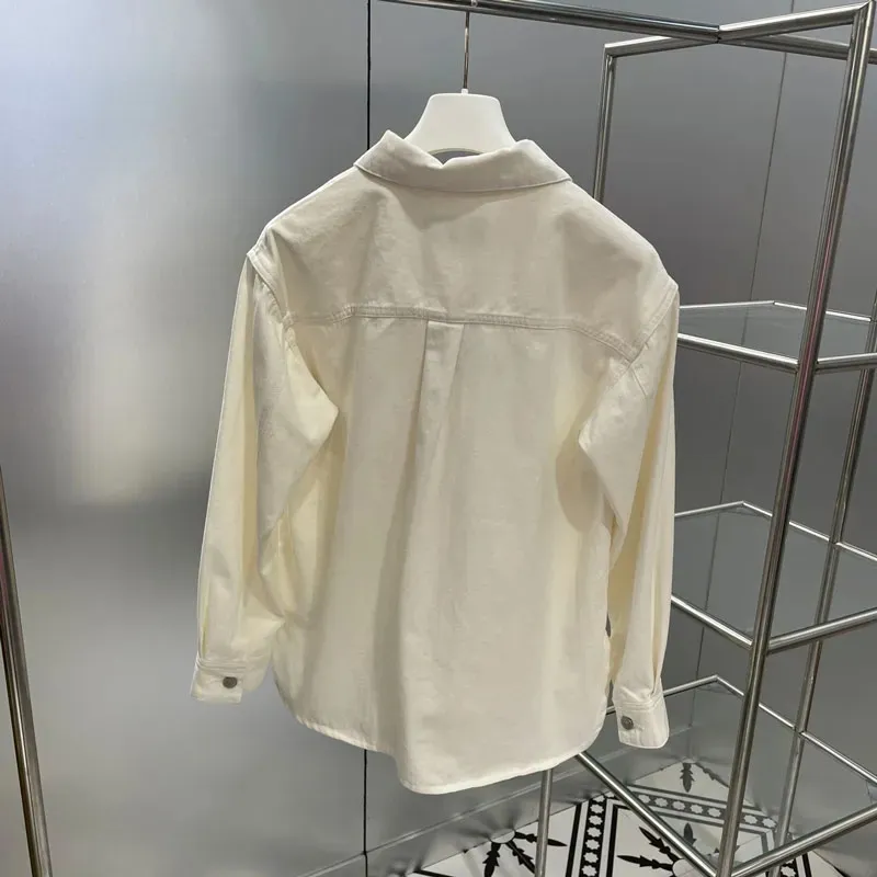 Designer Women Blouses Denim Tshirts Long Sleeve Tee Shirts Casual Tops Clothing White