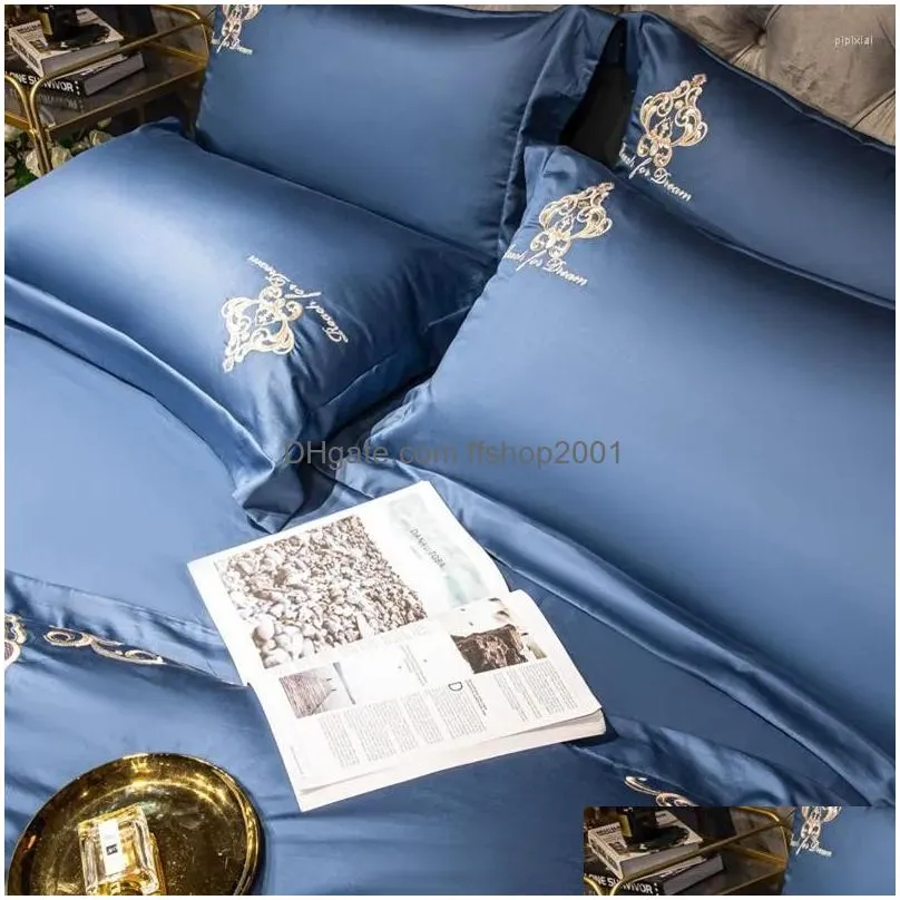 bedding sets thicken 60s egyptian cotton set embroidered 4pcs blue grey duvet cover bedsheet pillowcases solid color european style