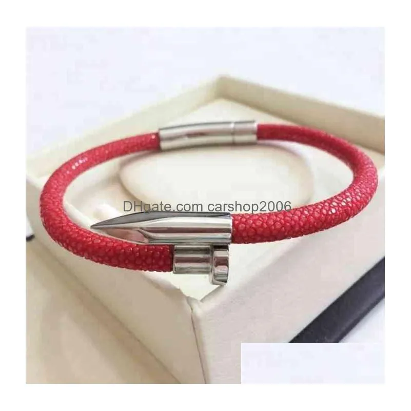 bt luxury genuine stingray leather stainls steel nail bracelet265j