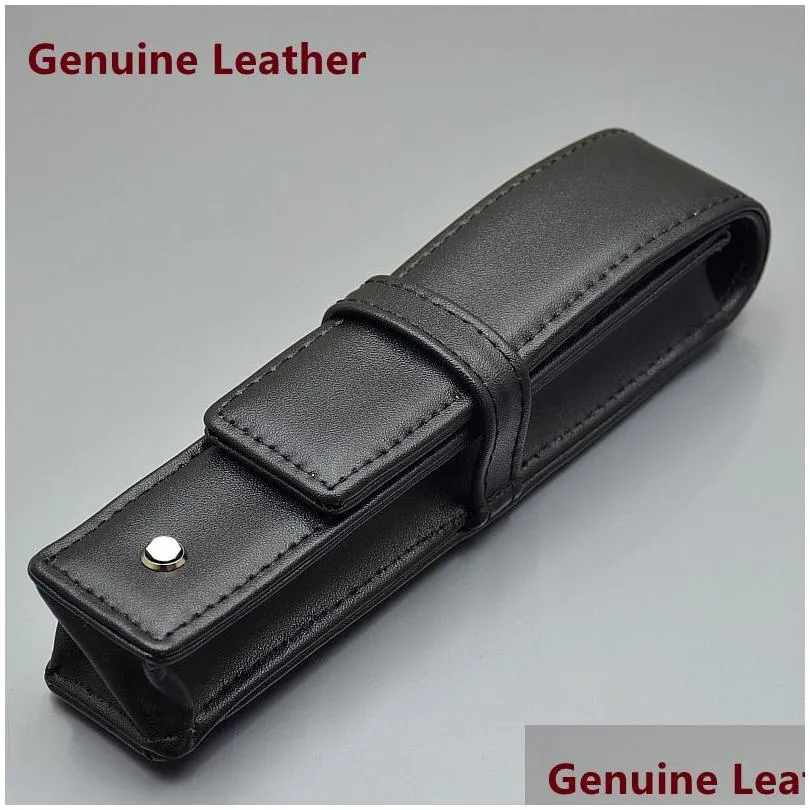 high quality black leather pen bag office stationery fashion pencil case for single pen