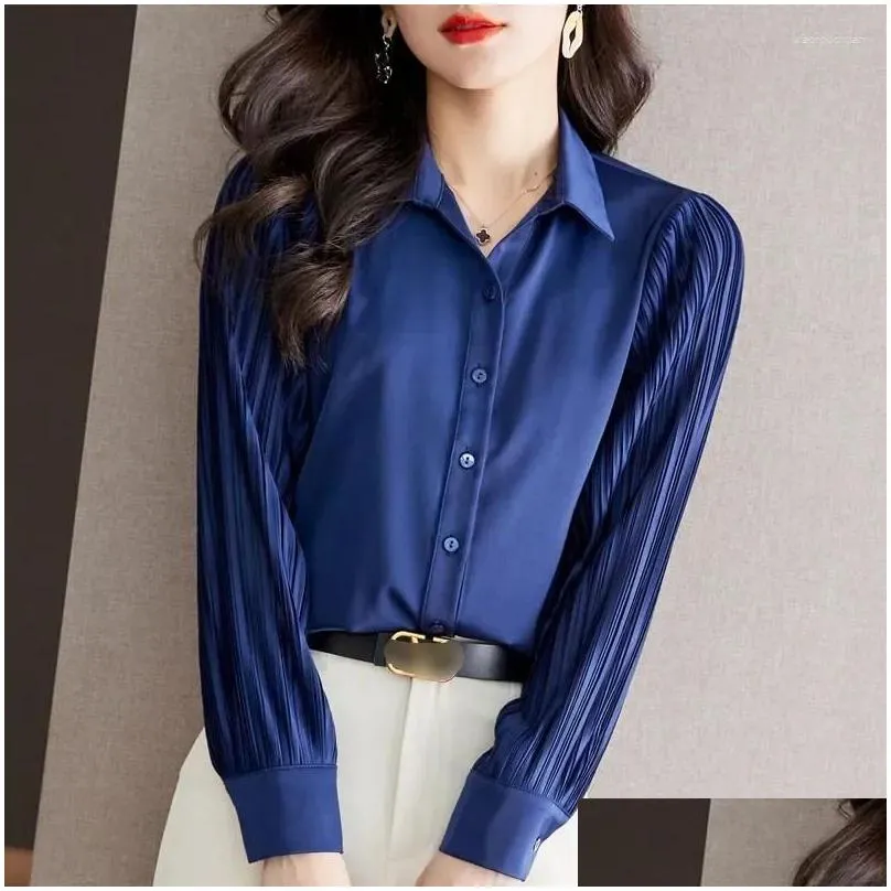 Women`s Blouses Autumn Long Sleeve Button Tops Elegant Office Lady Royal Blue Shirt Women Turn Down Collar Blouse Fashion Chiffon