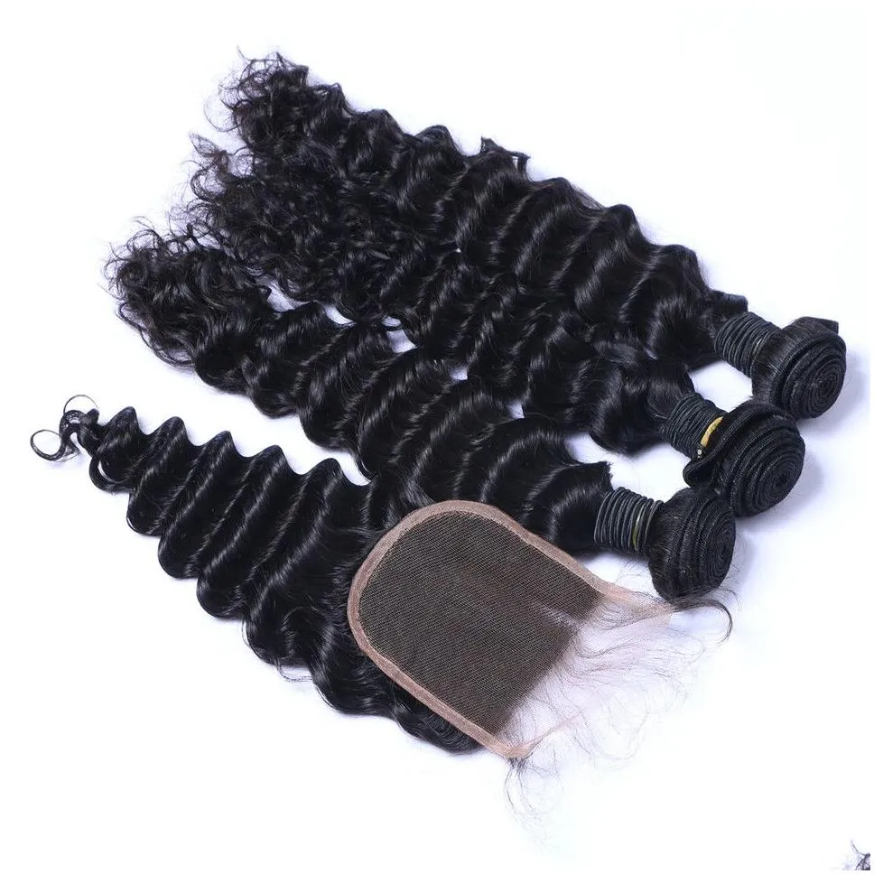 Brazilian Deep Wave Human Virgin Hair Weaves With 4x4 Lace Closure Frontal Bleached Knots 100g/pc Natural Color Double Wefts Hair