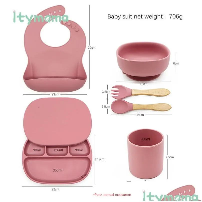 Cups, Dishes & Utensils 6Pcs/Set Baby Feeding Sile Tableware Waterproof Bib Solid Color Dinner Plate A Sucker Bowl And Spoon For Child Dhqc5