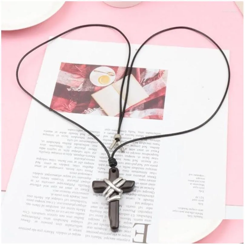 Jewelry Pendant Necklaces Weiyu Alloy Wood Cross Pu Leather Rope Long Collier Statement Necklace For Women Men Relius Jewelry Drop Del Dh1Dz