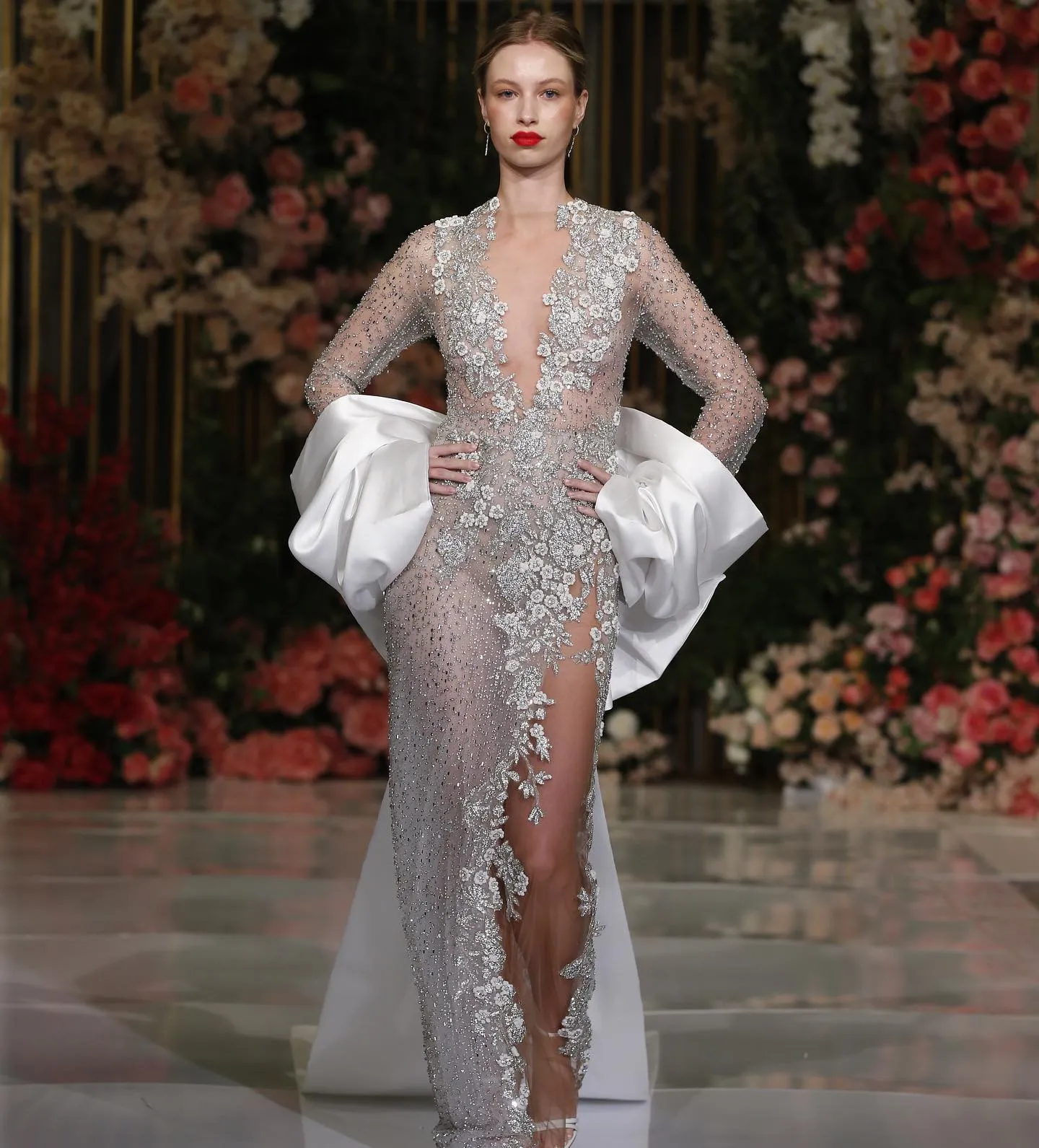 Illusion V Neck Mermaid Wedding Dress Elegant High Split Applique Beading Arabic Trumpet Bridal Gowns Robe De Soiree