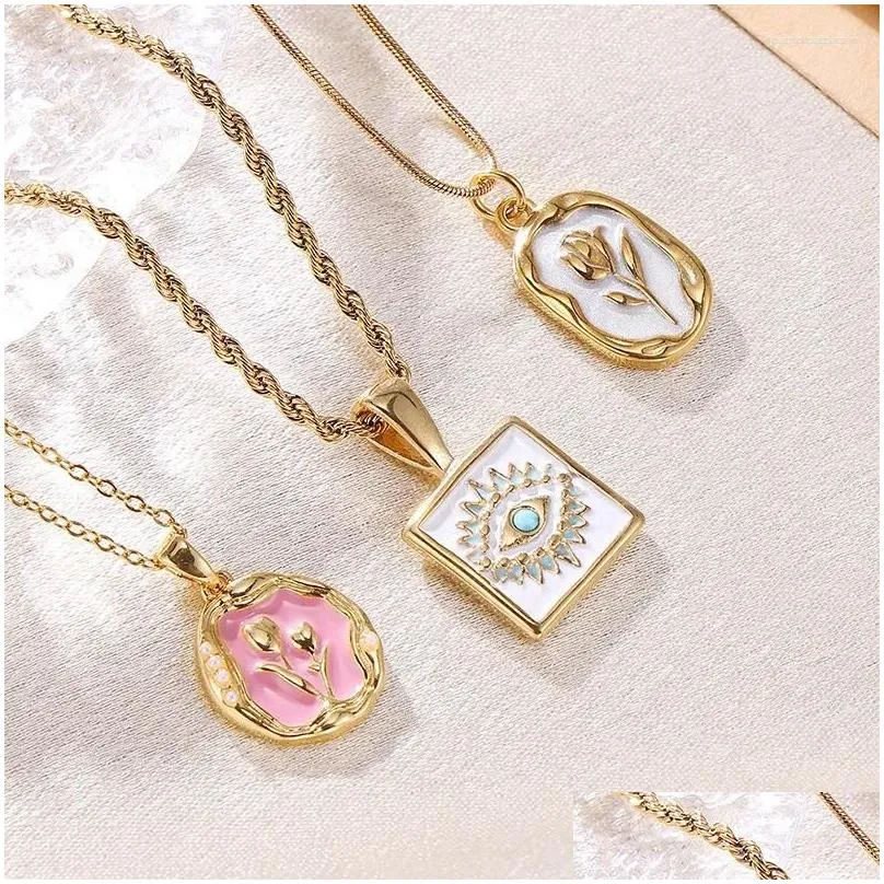 Pendant Necklaces INS Style Rose Flower Necklace For Women Stainless Steel Round Coin Collares Para Mujer