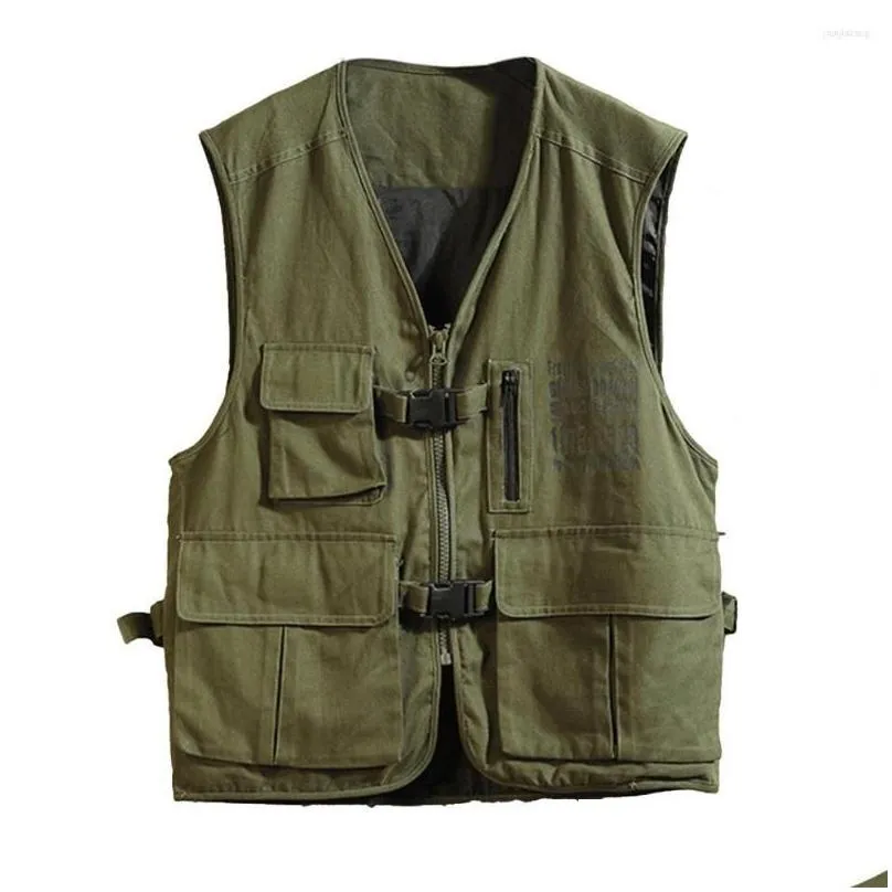 mens vests men sleeveless cargo vest jacket v-neck solid color multi pockets zipper placket buckle closure coat hiking clothing