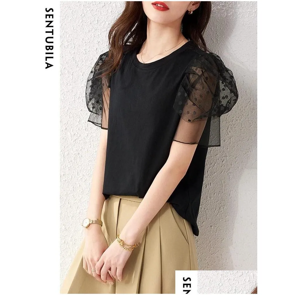 Women`s T Shirts Sentubila Summer Black 2023 Cotton Patchwork Dot Gauze Short Sleeve Straight Knitted T-shirts Fashion Tops