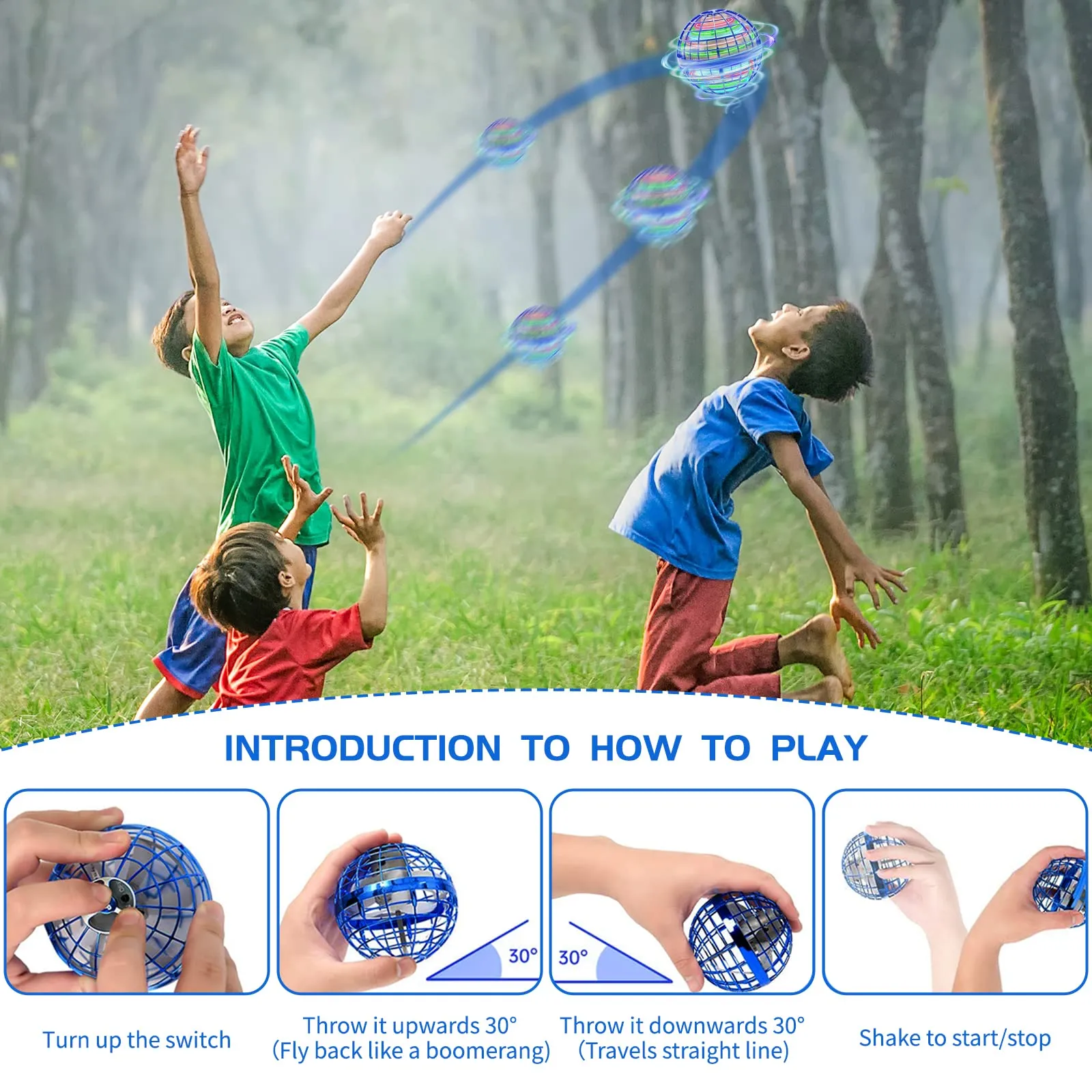 flying orb hover pro toy hand controlled floating ball with rgb light 360ﾰ spinning flying spinner mini drone cosmic boomerang fly balls magic levitating space toys for adults kids giftsblue