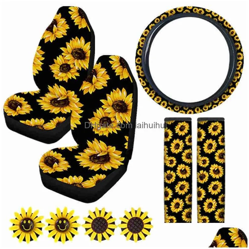 car seat covers 9 pieces universal sunflower car accessories kit include 2 pieces car front seat covers sunflower steering wheel cover 2 piece
