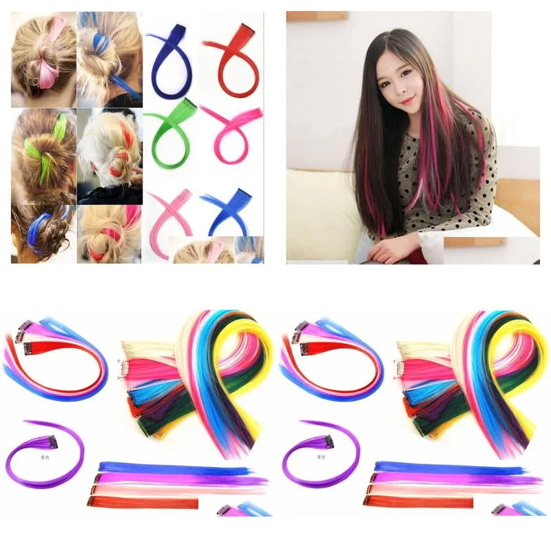 New Straight Colored Colorful Clip-in Clip On In Hair Extension womens random color Purple Red hot sale
