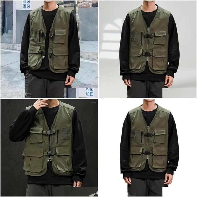 mens vests men sleeveless cargo vest jacket v-neck solid color multi pockets zipper placket buckle closure coat hiking clothing