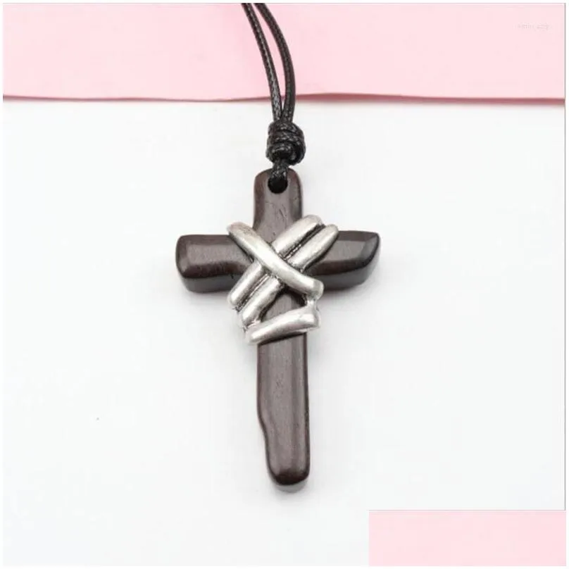 Jewelry Pendant Necklaces Weiyu Alloy Wood Cross Pu Leather Rope Long Collier Statement Necklace For Women Men Relius Jewelry Drop Del Dh1Dz