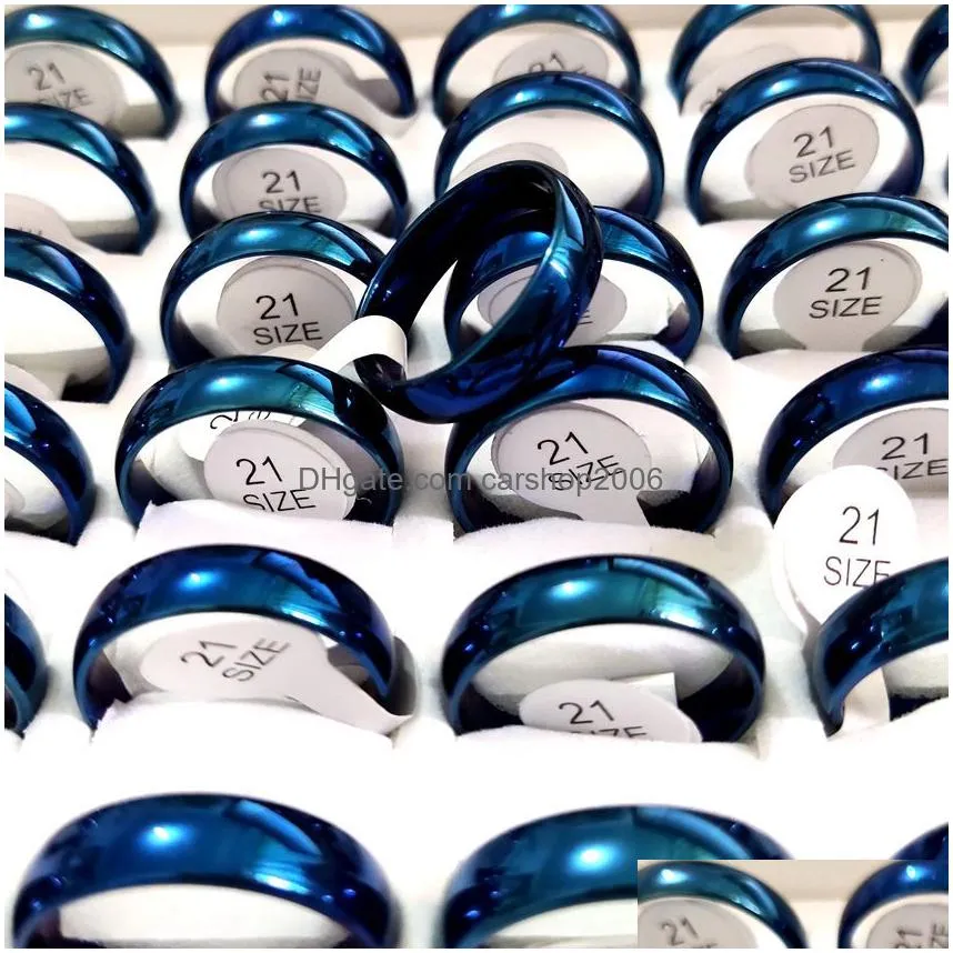 whole 50pcs blue 6mm wedding band ring comfort-fit men women stainless steel rings male female fashion classic jewelry246t