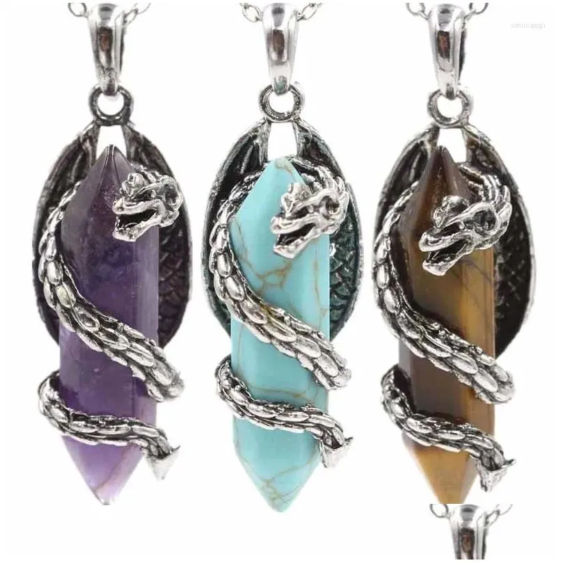 Jewelry Pendant Necklaces Healing Natural Stone Crystal Necklace For Men Women Dragon Hexagonal Tiger Eye Turquoises Amethysts Spiritu Dhjeo