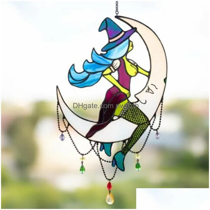 novelty items halloween witch on moon decor stained suncatcher window hangings outdoor wall art home decoration ghs99