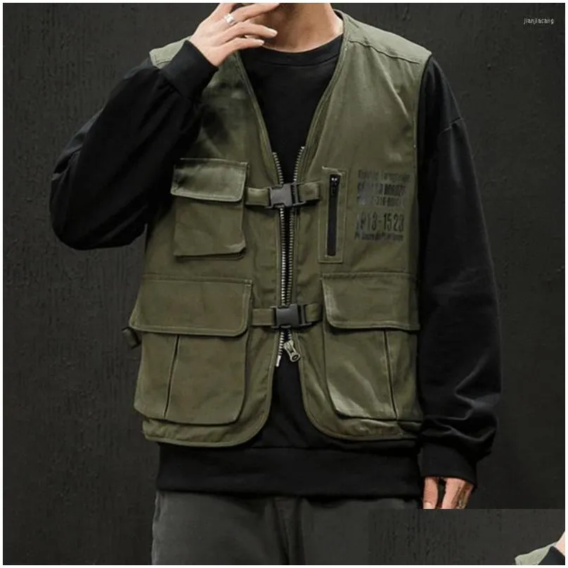 mens vests men sleeveless cargo vest jacket v-neck solid color multi pockets zipper placket buckle closure coat hiking clothing
