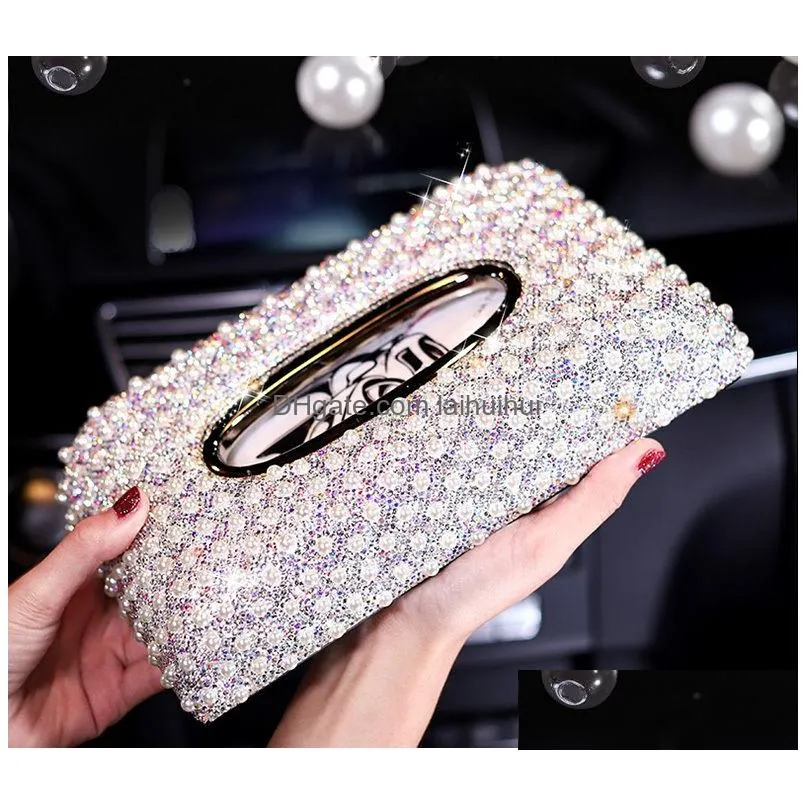 luxury pearls car tissue box crystal diamond block type tissue boxes holder for women paper towel cover case car styling 2103262597