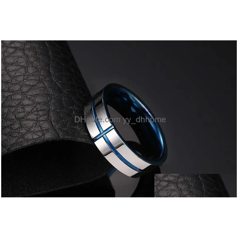 blue color fashion simple mens rings tungsten steel cross ring jewelry gift for men boys j030279z